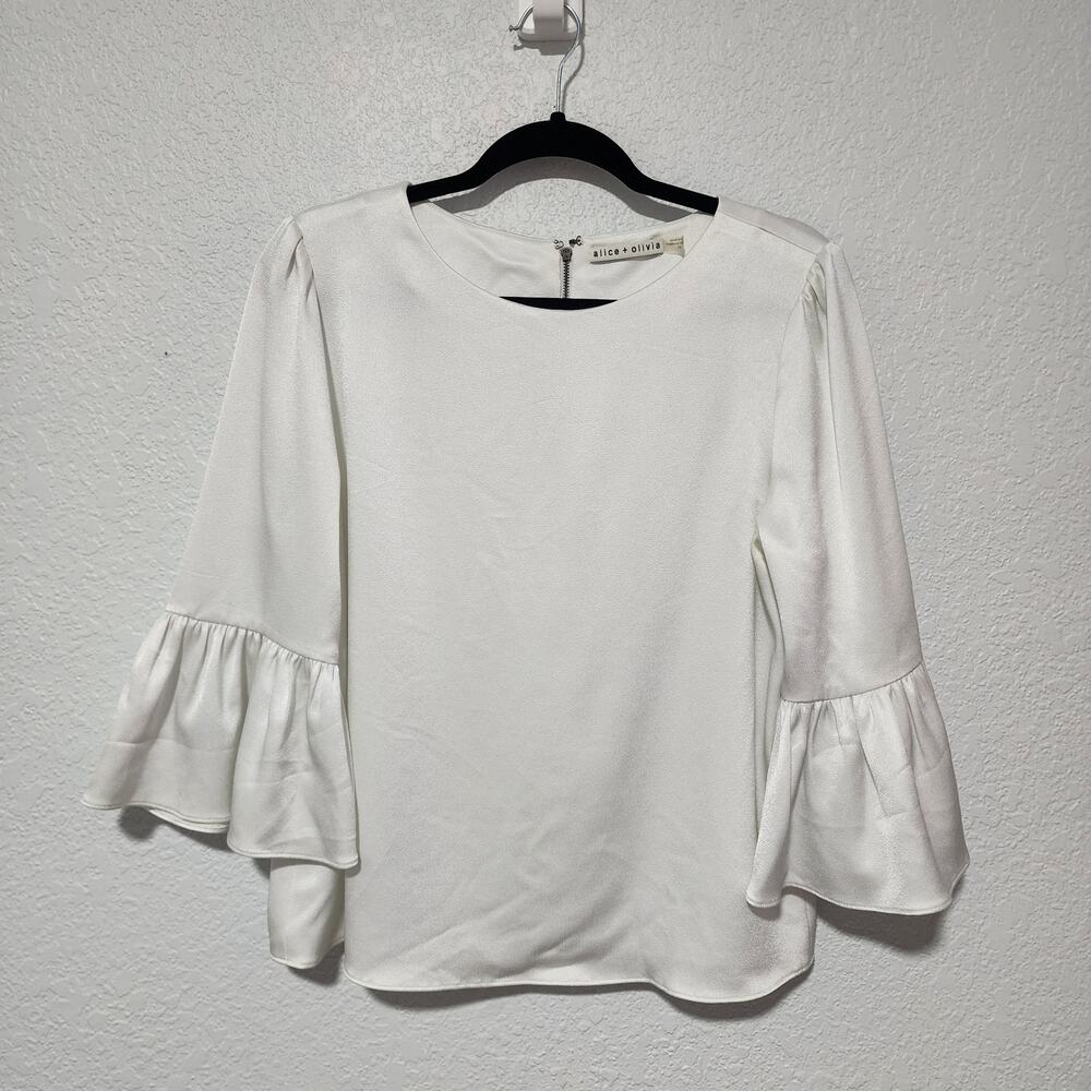 Alice + Olivia White 3/4 Bell Sleeve Boxy Crewneck Blouse Large Business Wear
